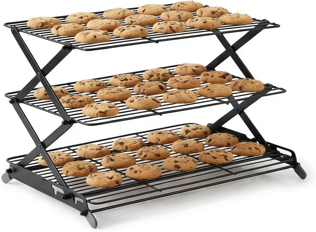 NZJWZS 3Tier Collapsible Cooling Rack  Adjustable & Stackable Wire Baking Rack with Stable XLeg Design, SpaceSaving Cooling Racks for Cooking, Baking Cookies, Cakes, Roasting & Drying (Black)