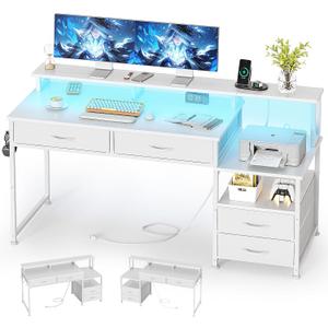 MUTUN 53" Computer Desk with 4 Drawers & Power Outlets, Reversible Home Office Desk with Monitor Stand & Printer Stand, Gaming Desk with Led Lights, Study Writing Work Desk Table for Bedroom (White)