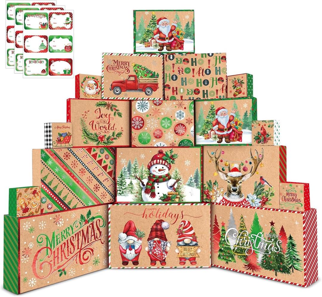Pickmesh 18 Pcs Kraft Christmas Gift Boxes with Lids 18 Size Foil Xmas Wrapping Box Bulk Merry Christmas Shirt Box with Label Sticker for Xmas Holiday Party Sweater Cloth Gift Wrapping Supplies Decor