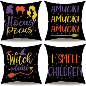 Halloween Decorative Pillow Covers Colorful Sanderson Sisters / Amuck / Hocus Pocus Pillowcases 18x18 Inch Happy Halloween Theme Home Decor Cushion Covers 4Pack for Sofa Couch Patio (Black, 1818)