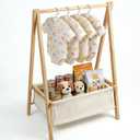 Baby Clothing Rack for Baby Shower, Pets Clothes Rack with Storage Box & Hanging Rod for Dogs/Cats, Mini Dolls Closet Rack, Wooden Baby Shower Rack for Nursery Room (Natural)