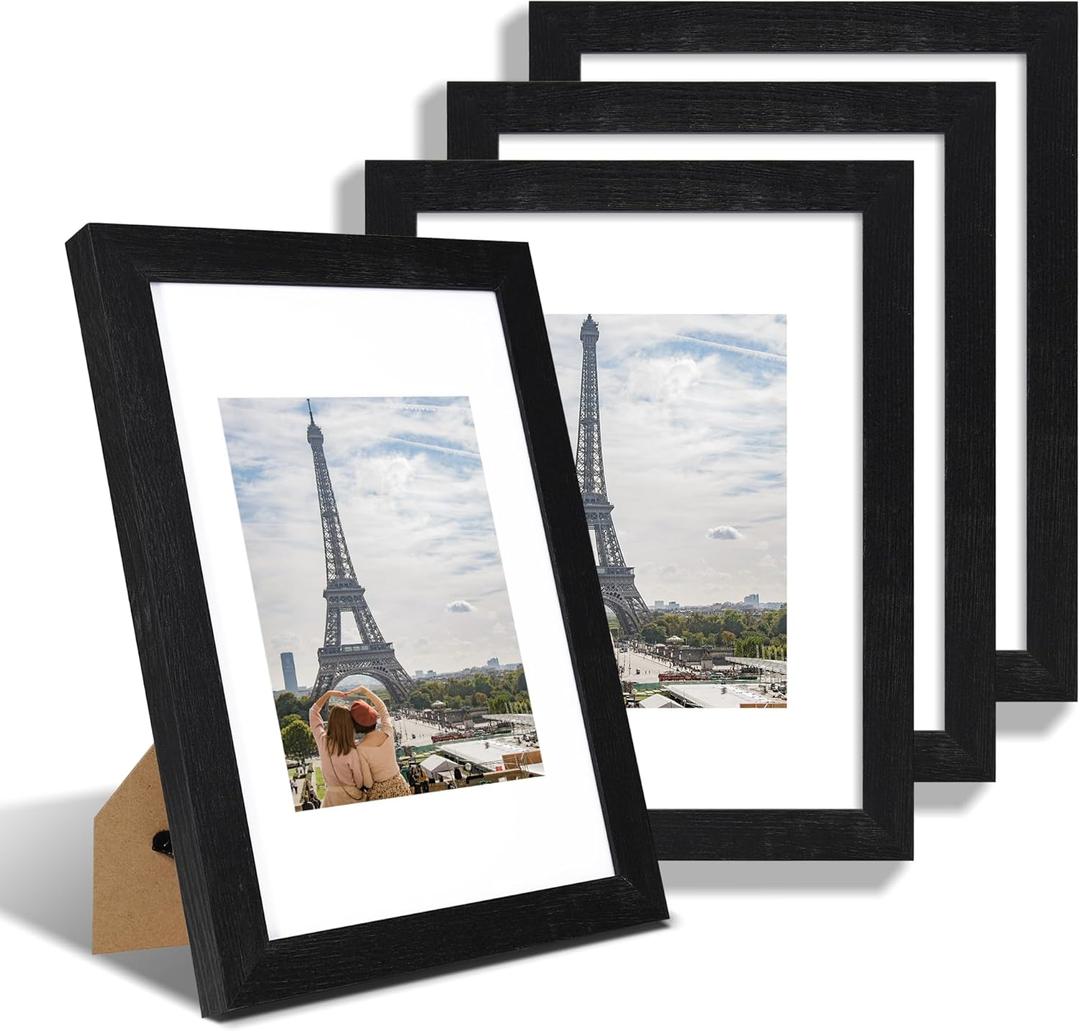 9x12 Picture Frame Set of 4, Made of Glass and Rustic Black Wooden Frame - Display Picture 6x8 with Mat or 9 x 12 Without Mat, 9 by 12 Photo for Wall or Tabletop