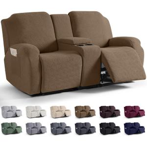 KinCam Loveseat Recliner Covers with Middle Console Slipcover, Recliner Sofa Covers 2 Seat Couch Cover Stripe Jacquard Furniture Protector Covers with Elastic Bottom for Kids, Pets (Brown)