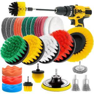 30 Piece Drill Brush Attachments Set, Scrub Pads & Sponge & Wire Brush for Drill, Power Scrubber Brush with Extend Long Attachment, Drill Scrubber Brush Kit for Bathroom, Floor, Car, Grout