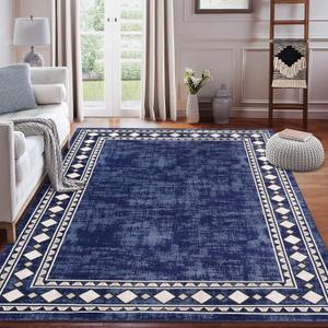 CAROMIO 9x12 Area Rug Modern Bordered Large Area Rug Machine Washable Rug for Living Room, Stain Resistant Non-Slip Accent Rug Minimalist Border Floor Cover Carpet for Bedroom Decor, Navy
