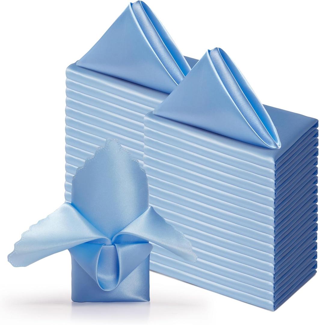 100 Pack Light Blue Satin Napkins - 17x17 Inches, Elegant Scalloped Square Table Napkins for Restaurant, Weddings, Banquet, Party