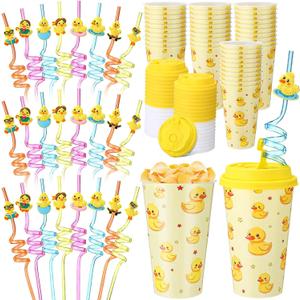 Yungyan 24 Sets Yellow Duck Party Favors Goodie Cups with Lids and Straws for Birthday Decorations Reusable 16oz Plastic Candy Cups Plastic Straws for Birthday Party(Rubber Duck)