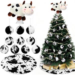 Leitee 12 Pcs Cow Christmas Tree Decoration Set Xmas Western Cowhide Tree Topper Skirt Faux Fur Plush Hanging Artificial Flowers Rustic Christmas Cow Treetop Ornaments for Farmhouse Country Holiday