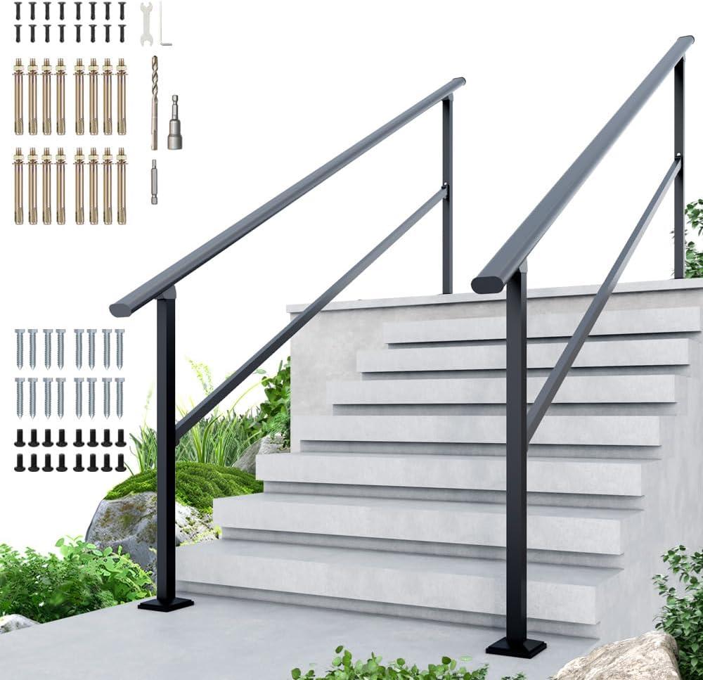 DIYHD 8 Step Handrail, Black Iron Stair Railing, Outdoor Indoor, 2 Pack