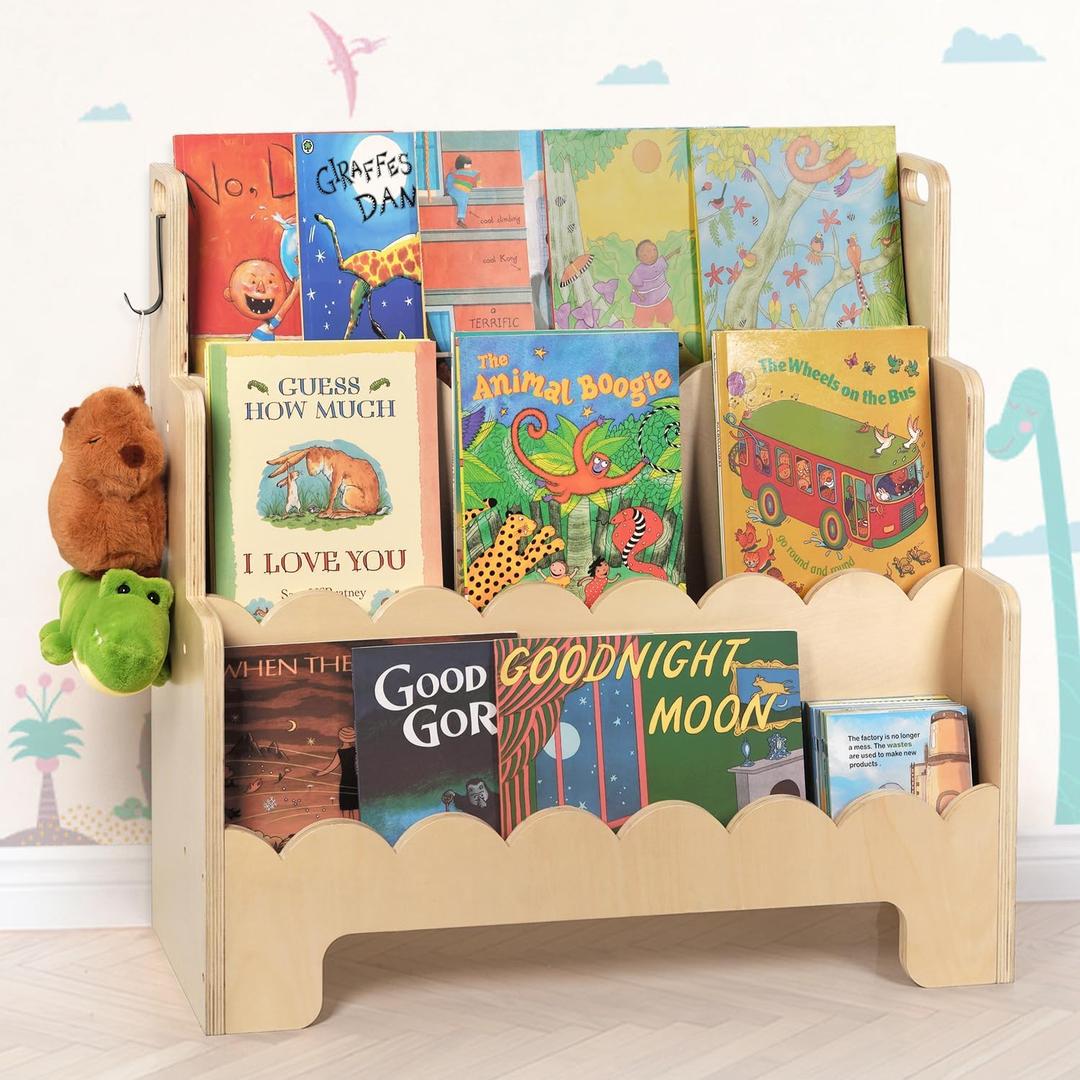 Kids Bookshelf Wooden 3-Tier, Scalloped Book Shelf for Kids Rooms, Front Facing Toddler Montessori Bookshelf, Baby Nursery Book Shelves Kids Classroom Bookshelf Bookcase