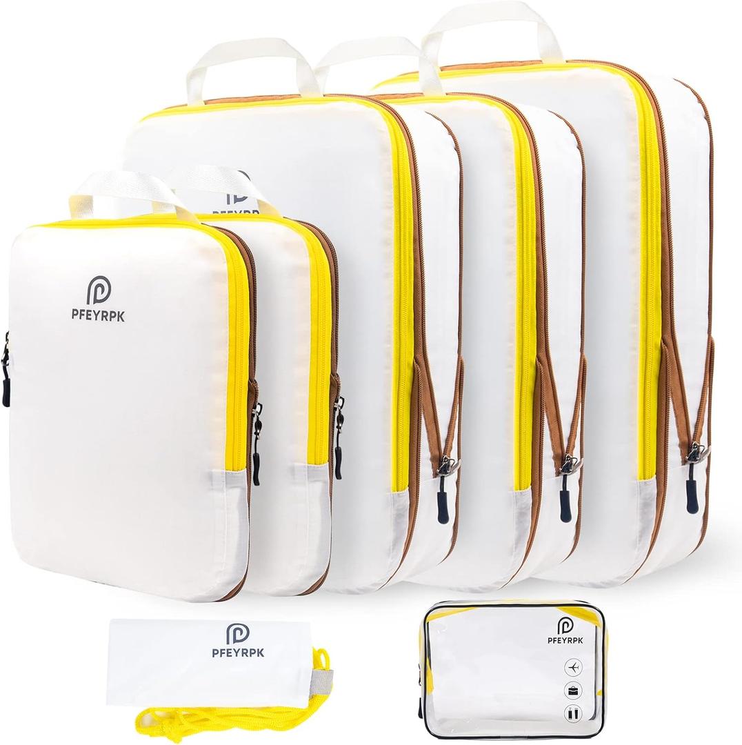 Lightweight Compression Packing Cubes for Suitcases, Compressible Expandable Travel Packing Organizer with Clear Toiletries and Backpack Bag, Travel Essentials for Carry on Luggage 7 Set (White/Yellow)