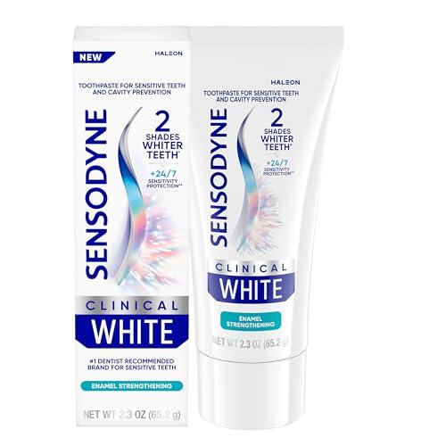 Sensodyne Clinical White Toothpaste Clinically Proven Whitening for Sensitive Teeth, Enamel Strengthening, 2.3 oz, Best By: 2028/07