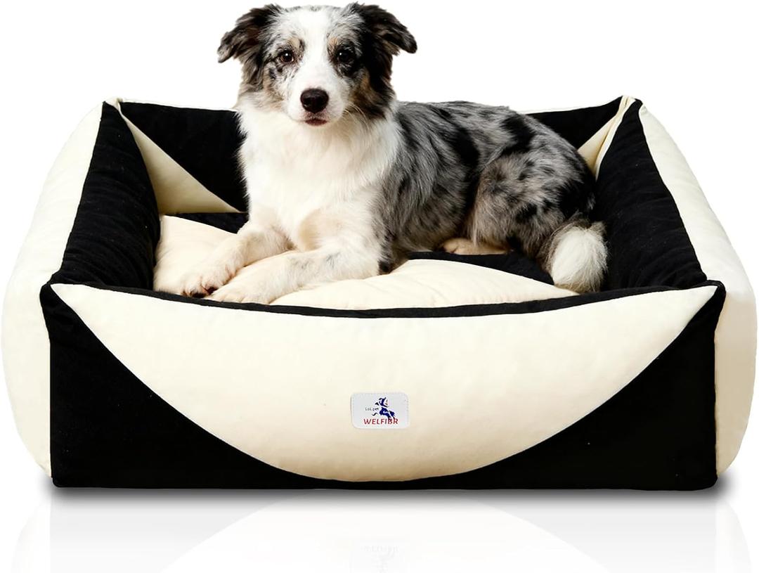 Washable Rectangle Dog Bed with Removable Cover, Color-Block Gingham Cotton Pet Sofa, Breathable Scratch Resistant Dog Bed, Medium (Black+White)