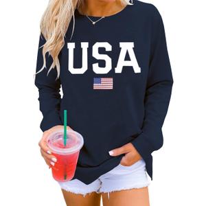 Dressmine Womens Casual Long Sleeve Graphic Tee Shirts Crew Neck Sweatshirts Pullover Tops for Women (Large, 01 Navy Blue Usa Printed)