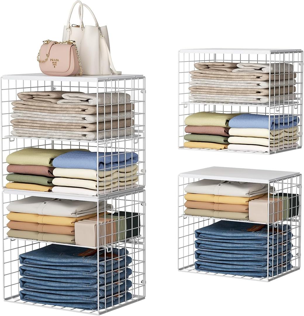 Huxitocan 4-Tier Stackable Closet Organizers and Storage Shelves, Closet Storage Basket with Wood Tops, Adjustable Height Dividers Closet Storage Bins for Home Closet Organizer System, White