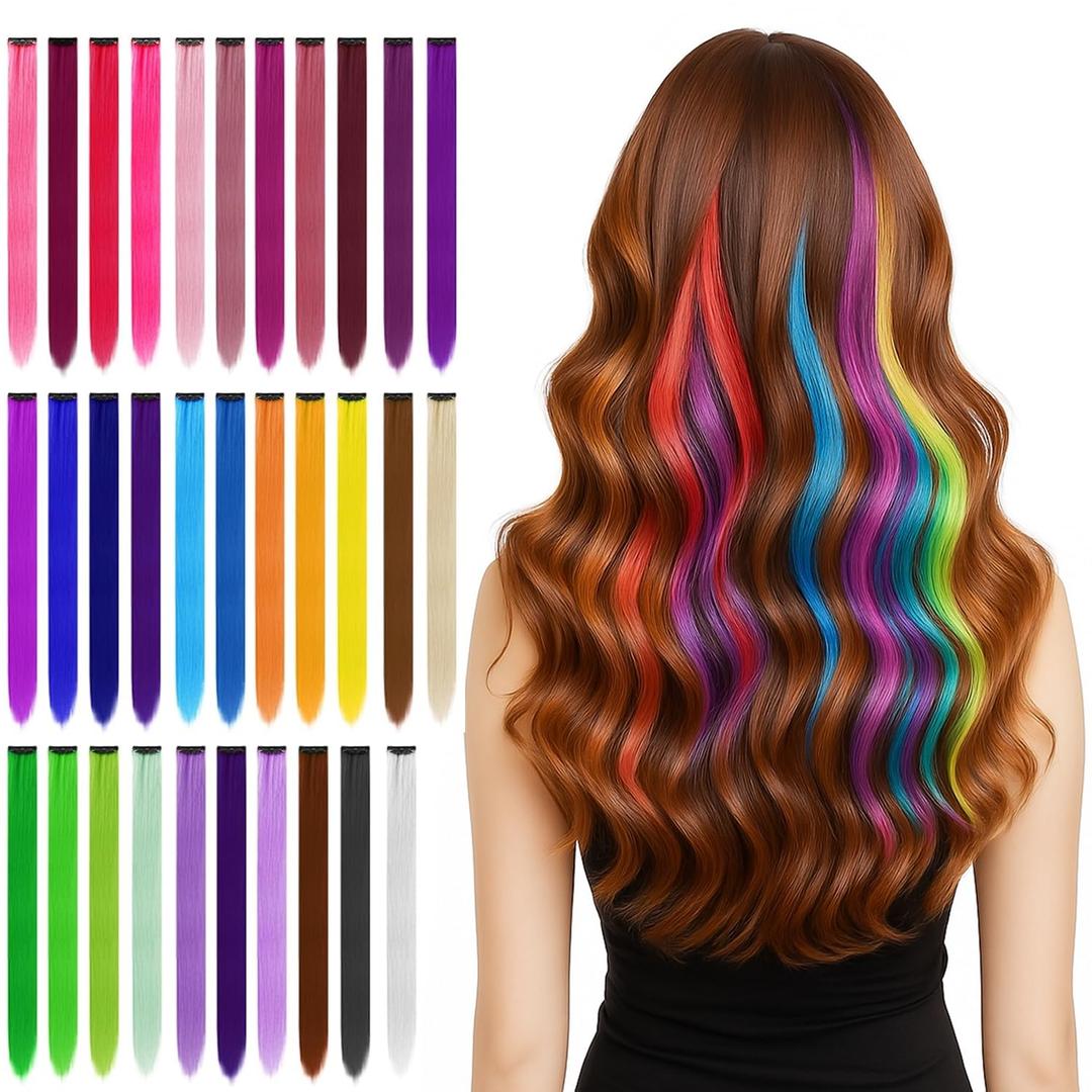BEAHOT 32 PCS Clip in Colored Hair Extensions for Kids, 20 Inches Rainbow Long Straight Hairpieces Synthetic, Hair Extensions-Pretty Gift for Cosplay Dress Up Fashion Party Birthday32 Colors