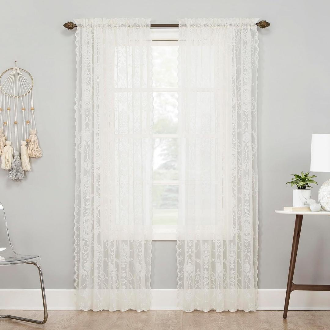No. 918 Ariella Floral Lace Rod Pocket Curtain Panel, 58" x 84", Ivory