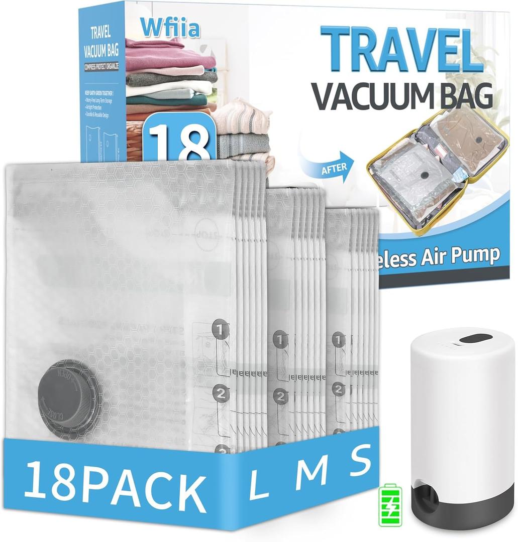 18 Packs Vacuum Bags for Travel with Rechargeable Pump, 3 Sizes Vacuum Seal Bags for Clothing, Compression Vacuum Travel Bags for Luggage, Vacuum Packing Bags for Closet Organization