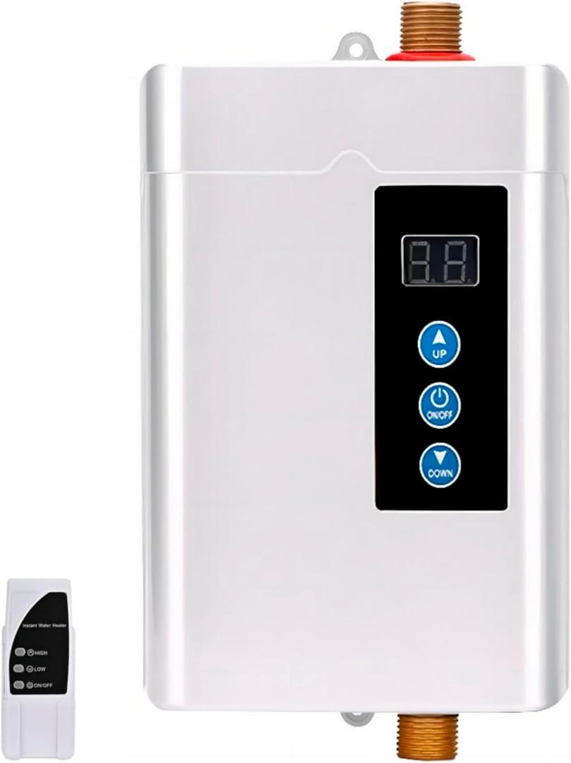 3000W Tankless Electric Water Heater, Portable Instant Hot Water Mini Heater, Rapid Heating-up Intelligent Temperature Control LCD Touch Screen Remote Control for Kitchen Washroom RV (White)