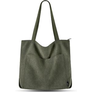 Prite Corduroy Tote Bag for Women Large Shoulder Bag with Zipper and Pockets for College School Work Travel Shopping (Dark Green)