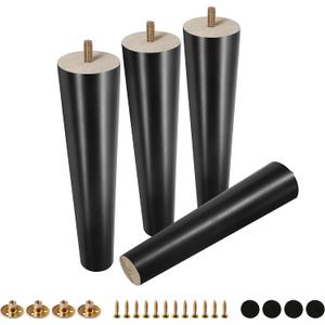 FoDau770 Black Rubber Wood Furniture Legs 10 Inches, Straight Tapered Wood Feet Mid Century Sofa Legs Set of 4, 5/16" UNC Furniture Feet for Cabinet Couch Dresser Chair Ottoman Table (10 Inch, Black)