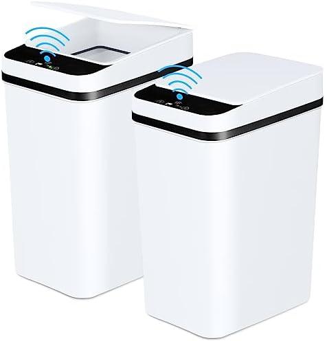Anborry Bathroom Trash Cans with Lid 2 Pack 2.2 Gallon Touchless Automatic Motion Sensor Small Slim Garbage Can, Smart Electric Narrow Garbage Bin for Bedroom Office Kitchen (White)