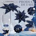 8 Pcs Velvet Christmas Glitter Poinsettia Flowers 12'' Large Heads Artificial Poinsettia Flower Ornaments Picks Christmas Tree Decoration Fake for Xmas Ornament Wedding Holiday(Dark Blue)