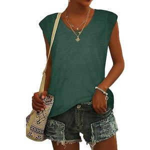 CHICALLURE Womens Tank Tops Summer Cap Sleeve T Shirts V Neck Dressy Casual Loose Fit Blouse, Army green, M