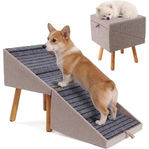 Dog ramp for Small Dogs, 2-in-1 Pet Steps & Ottoman - Foldable Dog ramp for Couch, Non-Slip Wooden Pet ramp for Puppy Senior Injured Dogs (Light Brown, XL (17.13H)