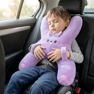 Kids Car Sleeping Pillow - X-Shaped Plush Animal for Neck & Back Support - Hands & Seat Belt Slot - Machine Washable & Compressible - Perfect for Car, Plane, Train, Boat & More - Purple