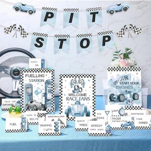 19 Pcs Race Car Birthday Party Decorations Boys Two Fast Vintage Birthday Decor 2 Fast Dusty Blue Black Wheel Checkered Supplies for Baby Shower Race Car One Party