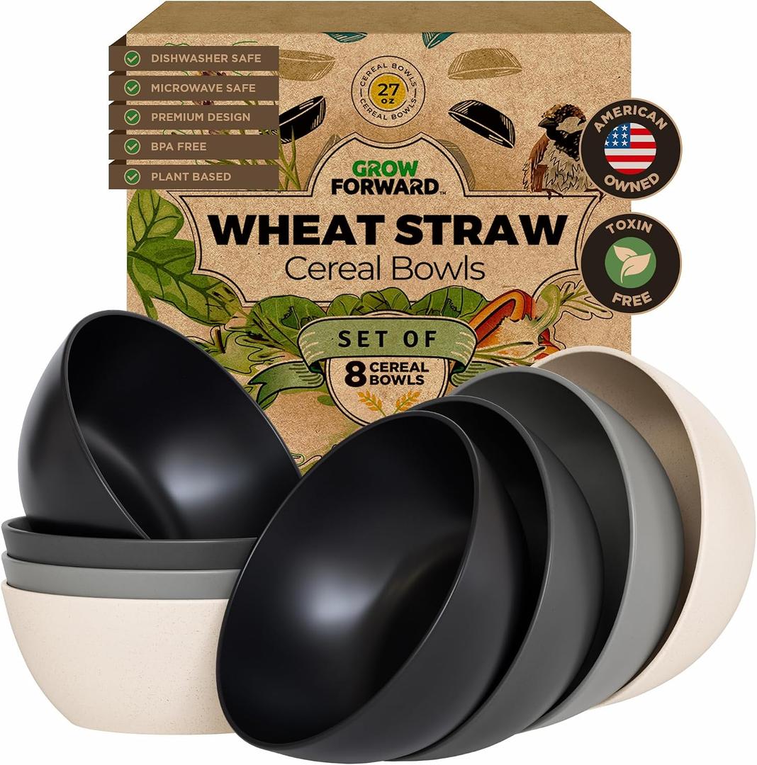 Grow Forward Premium Wheat Straw Bowls Set of 8 - Reusable 27oz Hard Plastic Cereal Bowls - Unbreakable Microwave Safe Bowls for Kitchen, Camping, RV, Dessert, Soup, Salad, Ramen - Moonlight