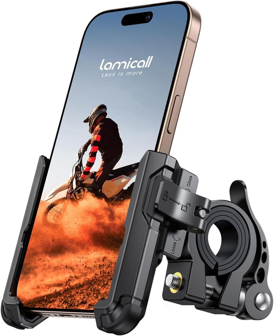 Lamicall Motorcycle Bike Phone Mount - [No Block Camera] [1s Lock] Bike Cell Phone Holder Clamp, Bicycle Scooter Handlebar Clip, Gifts for iPhone 17 16 15 14 Pro Max, Galaxy S25 Ultra, 4.7-7" Phones