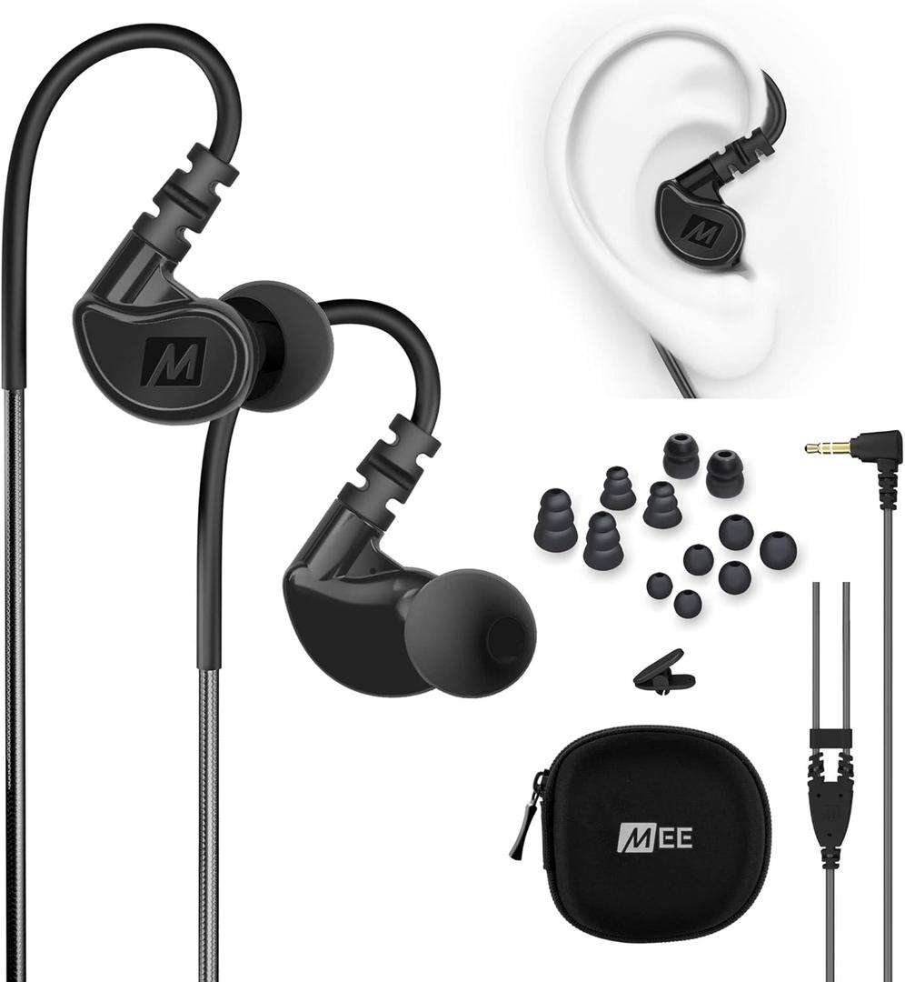 MEE audio M6 Sport Wired Earbuds, Noise Isolating In Ear Headphones, Sweatproof Earphones for Running/Gym/Workouts with Dynamic Enhanced Bass Sound, Memory Wire Earhooks, 3.5mm Jack Plug (Black)