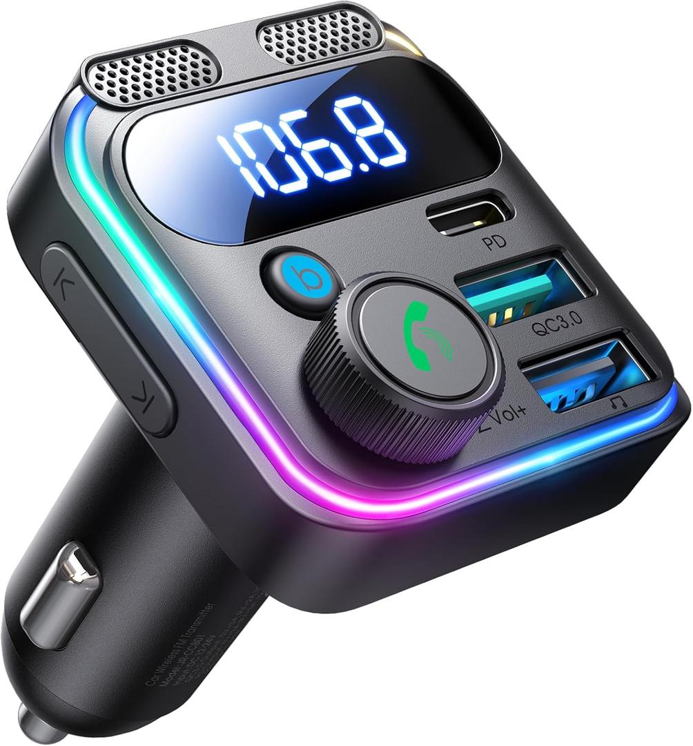 JOYROOM Bluetooth 5.3 FM Transmitter Car Adapter [Stronger Dual Mics & HiFi Deep Bass Sound] 48W PD & QC 3.0 USB C Car Charger Cigarette Lighter Adapter Hands-Free Calling Radio Support USB Drive (Black)