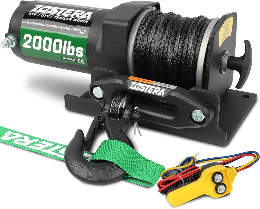 2000lb ATV Winch Electric 12V,with Synthetic Rope, RV Waterproof Towing Winches, with Wired Manual Remote Controller Switch, with Mounting Plate, Fairlead Hook, 2000LB Synthetic Winch
