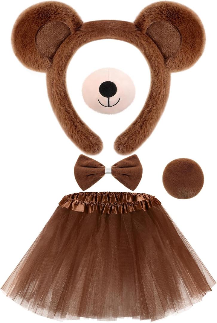 Zhanmai 5 Pcs Carnival Animal Costume Kid Bear Puppy Dog Pup Kangaroo with Tutu Ear Headband Bowtie Tail Paws for Boys Girls (Dark Brown)