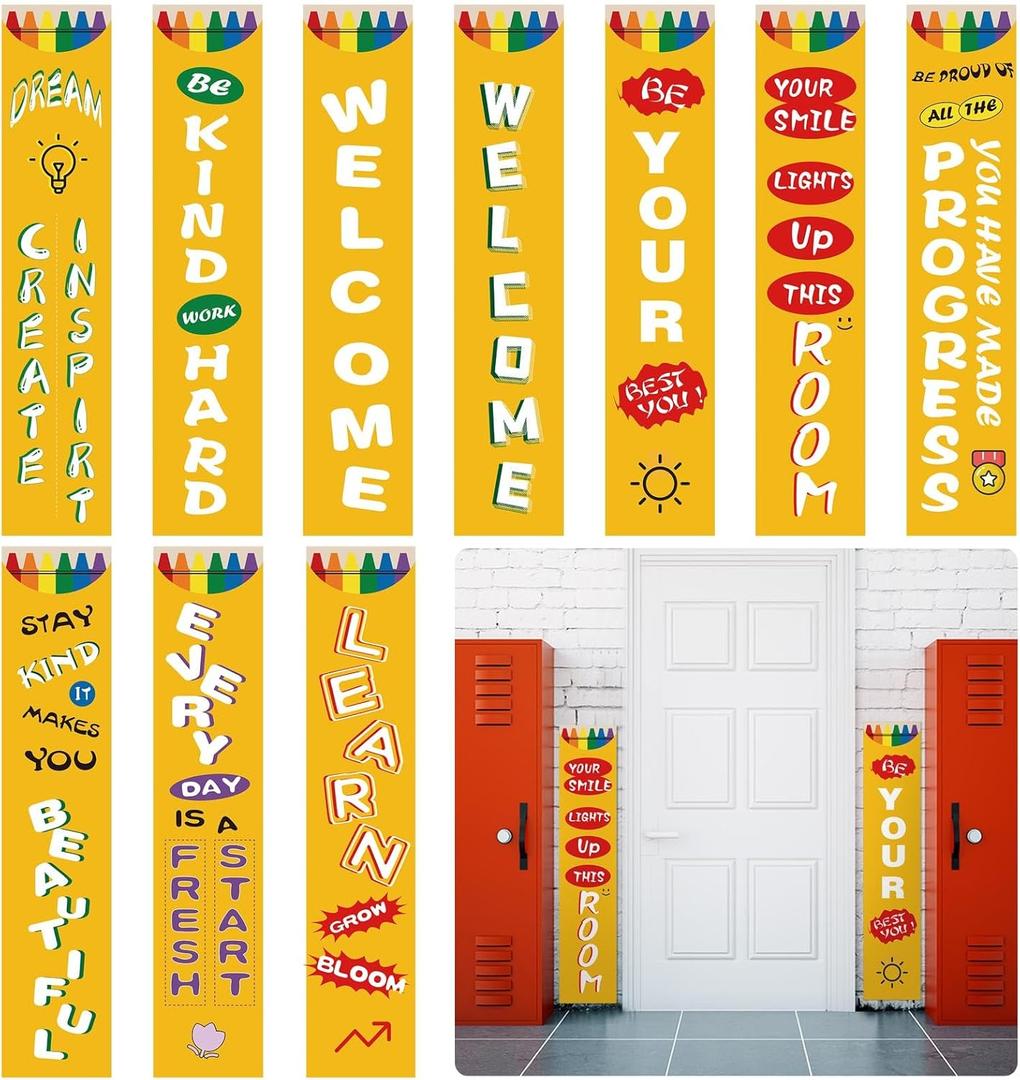 10 Pcs Crayon Welcome Banner for Classroom Doors Walls 8 x 39 Inches Crayon Classroom Decor Back to School Vertical Door Decorations for First Day of Kindergarten Primary Decorations