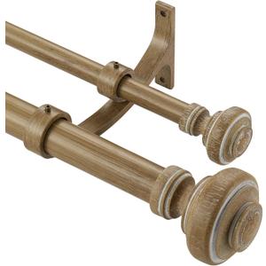 Wood Double Curtain Rod for Windows 36 to 72 Inches (3 to 6 ft), Adjustable Heavy Duty Double Drapery Rods, Farmhouse Collection Decorative Design with Porch Doorknob Finials,Weathered Oak