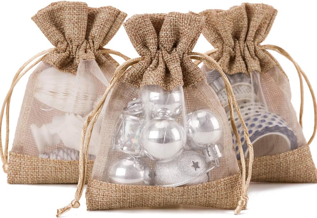 WRAPAHOLIC 5x7 inch 50 pcs Burlap Drawstring Gift Bag - Burlap with One Side Organza Wedding Party Welcome Favor Bags - Tan (1 Count (Pack of 50))