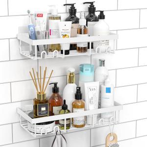 Moforoco Shower Caddy Shelf Organizer Rack, Self Adhesive Black Bathroom Shelves Basket, Home Farmhouse Wall Inside Organization and Storage Decor Rv Accessories, First Camper Apartment Essentials (Medium, White)