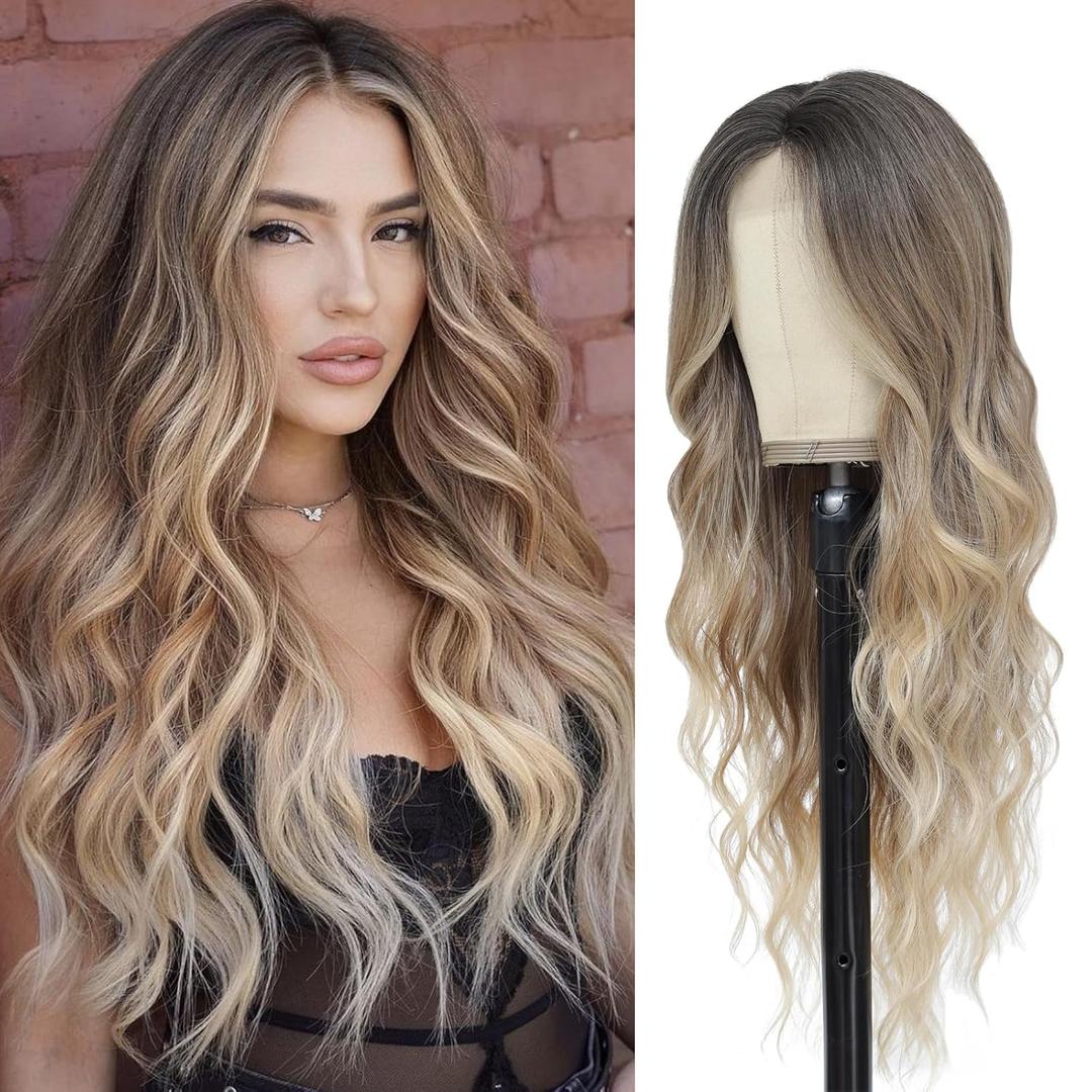 Long Ombre Blonde Wavy Wig for Women 26 Inch Curly Wavy Wig Natural Looking Synthetic Heat Resistant Fiber Wig for Daily Party Use
