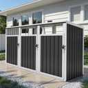 LINKHOO Outdoor Trash Can Storage Shed, 3 Galvanized Steel Large Trash Cans, with Lockable Door & Auto-Buffer Storage Cover, Ideal Outdoor Trash Can for Outdoor, Patio, Garden, and Backyard, Black