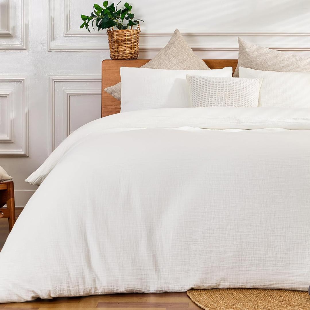 RENEWROOTS White Duvet Cover Queen Size, 100% Sandwashed Cotton Soft Queen Duvet Cover Set 3 Pieces with Zipper Clousre & Corner Buttons (White, Queen 90 x 90)