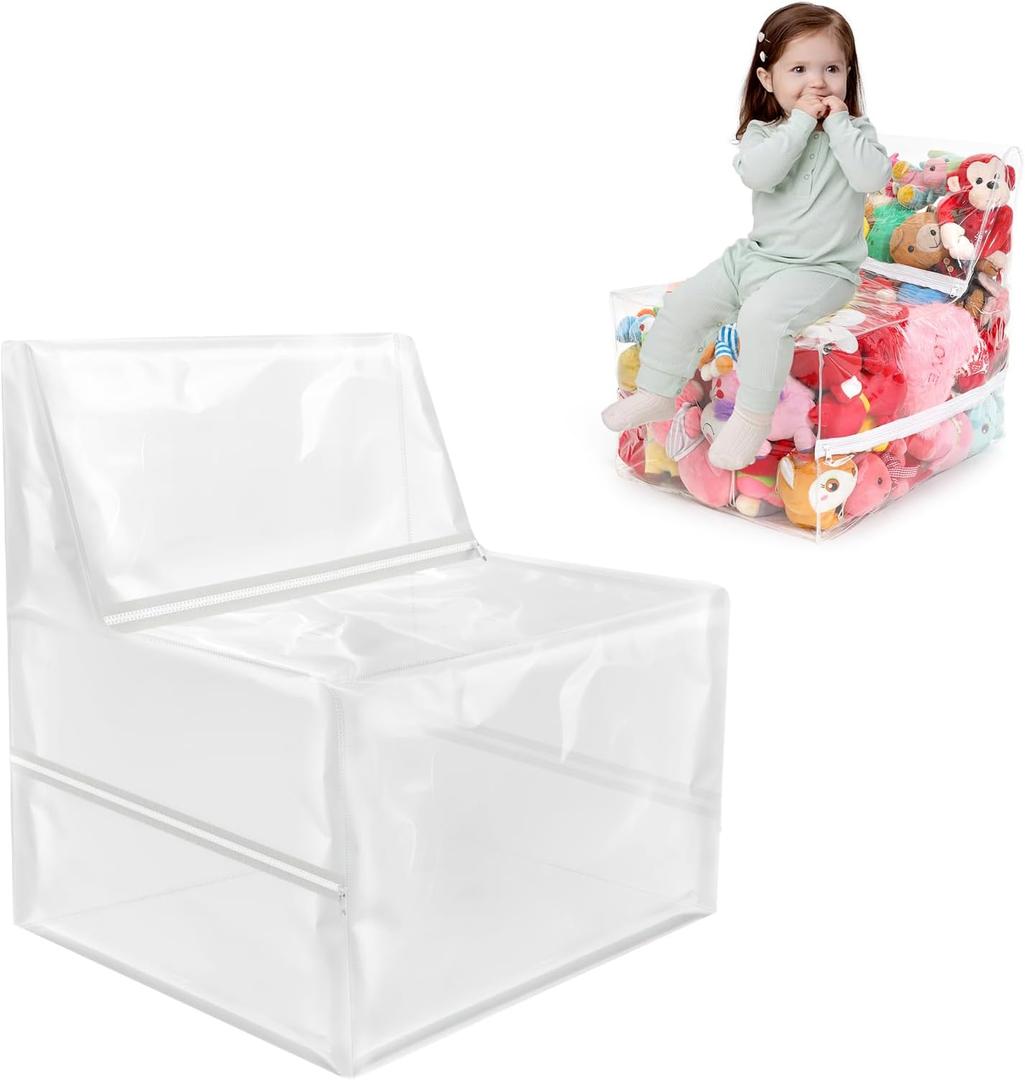 18-inch Clear Bean Bag Chair for Stuffed Animals Storage – 3 Hidden Zippers Toy Organizer,​Durable PVC Waterproof Material​