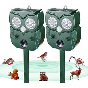 Solar Animal Repellent Outdoor for Deer Squirrel Mole Rabbit Cat Skunk Bird Raccoon Dog, Waterproof Ultrasonic Pest Repeller with Motion Detector and LED for Yard Lawns Garden 2 Pack