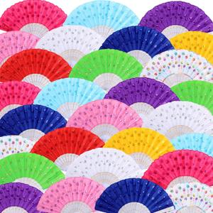 Geetery 50 Pcs Folding Chinese Hand Fan Bulk Different Flower Patterns Fabric Clacking Fans for Line Dancing for Popping Wedding Church Party(Sequins,Bright)