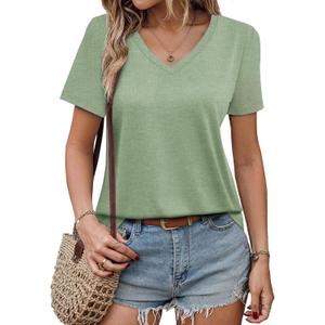 GKBK Womens Short Sleeve T Shirts V Neck Tops Summer Trendy Comfy Casual Basic Tee Shirt Light Green, L