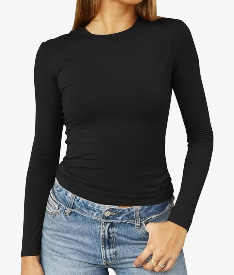 Abardsion Women's Long Sleeve Shirts Spring 2026 Casual Basic Going Out Crop Tops Slim Fit Tight Y2K Clothes Large, Black