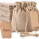 30Pcs 3 x 4 inch Burlap Gift Bags with Drawstring and 30Pcs Tags, Wedding Hessian Linen Sacks, Jewelry Pouches Burlap Gift Bags for Birthday, Party, Present, Wedding Favors, Art and DIY Craft